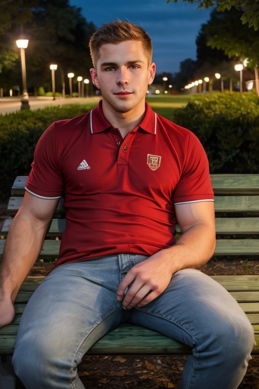 <lora:sc_nxn-v1:0.66> photo of sc_nxn on a park bench at night, wearing a polo shirt and jeans